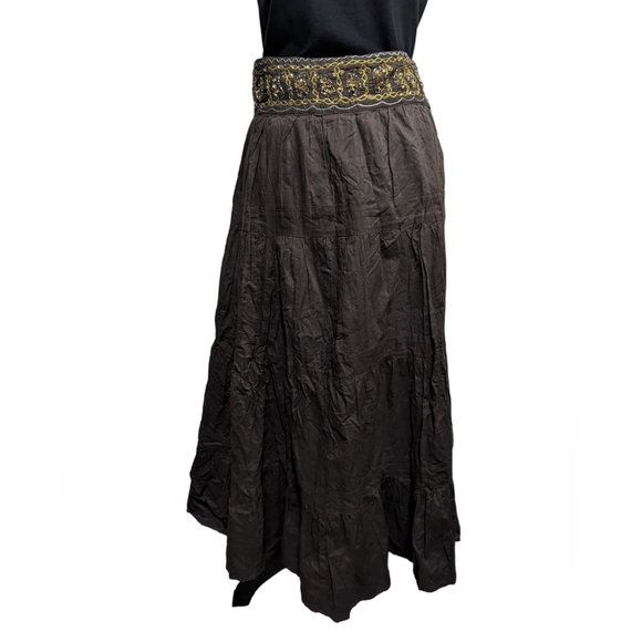 OVERDRIVE | Maxi Skirt Embroidery/Sequin Waistband Flowy | Brown | Plus Size 1X - Picture 2 of 7